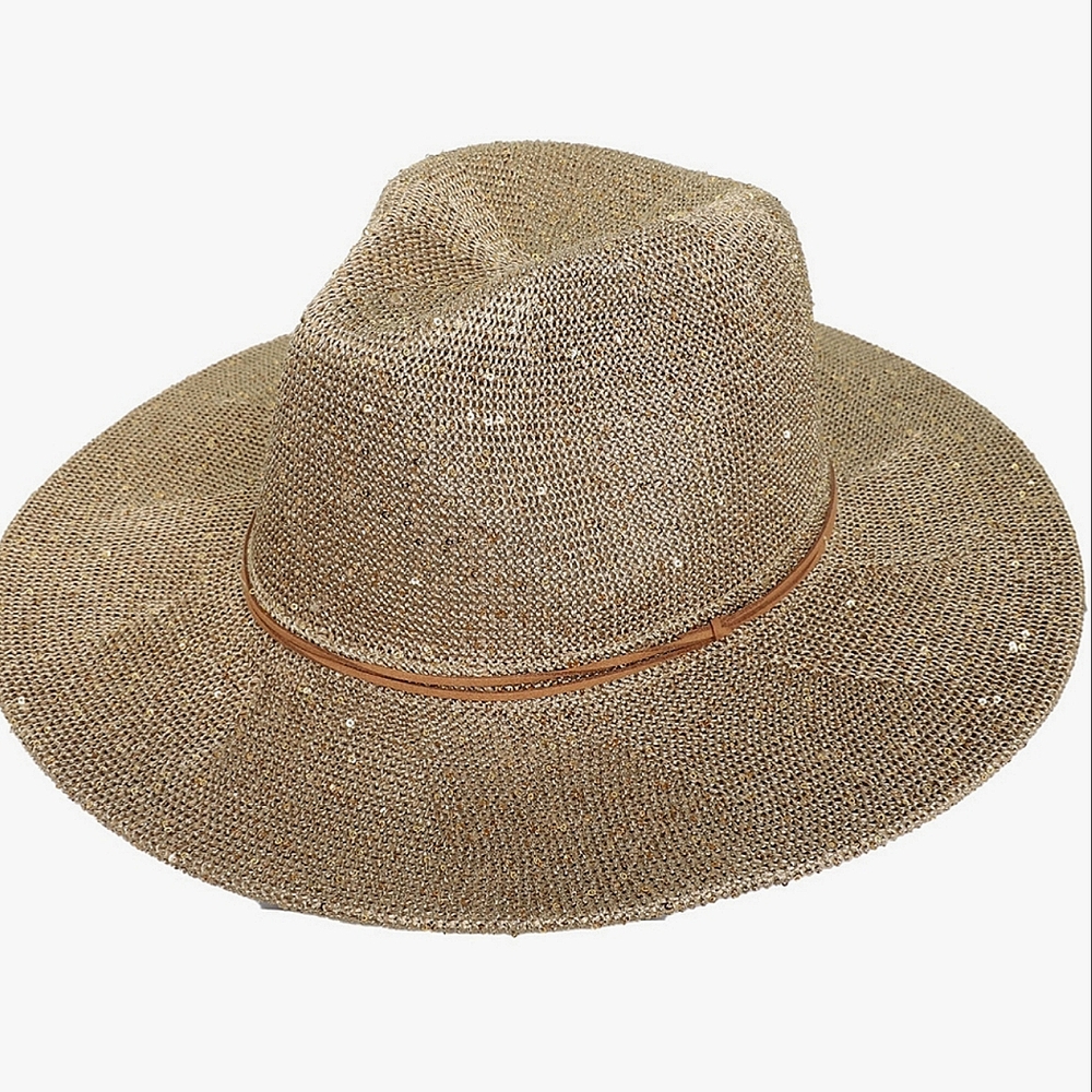 Beloved Millinery Sparkling Wide Brim Pinched Front Panama Style Fedora Hat